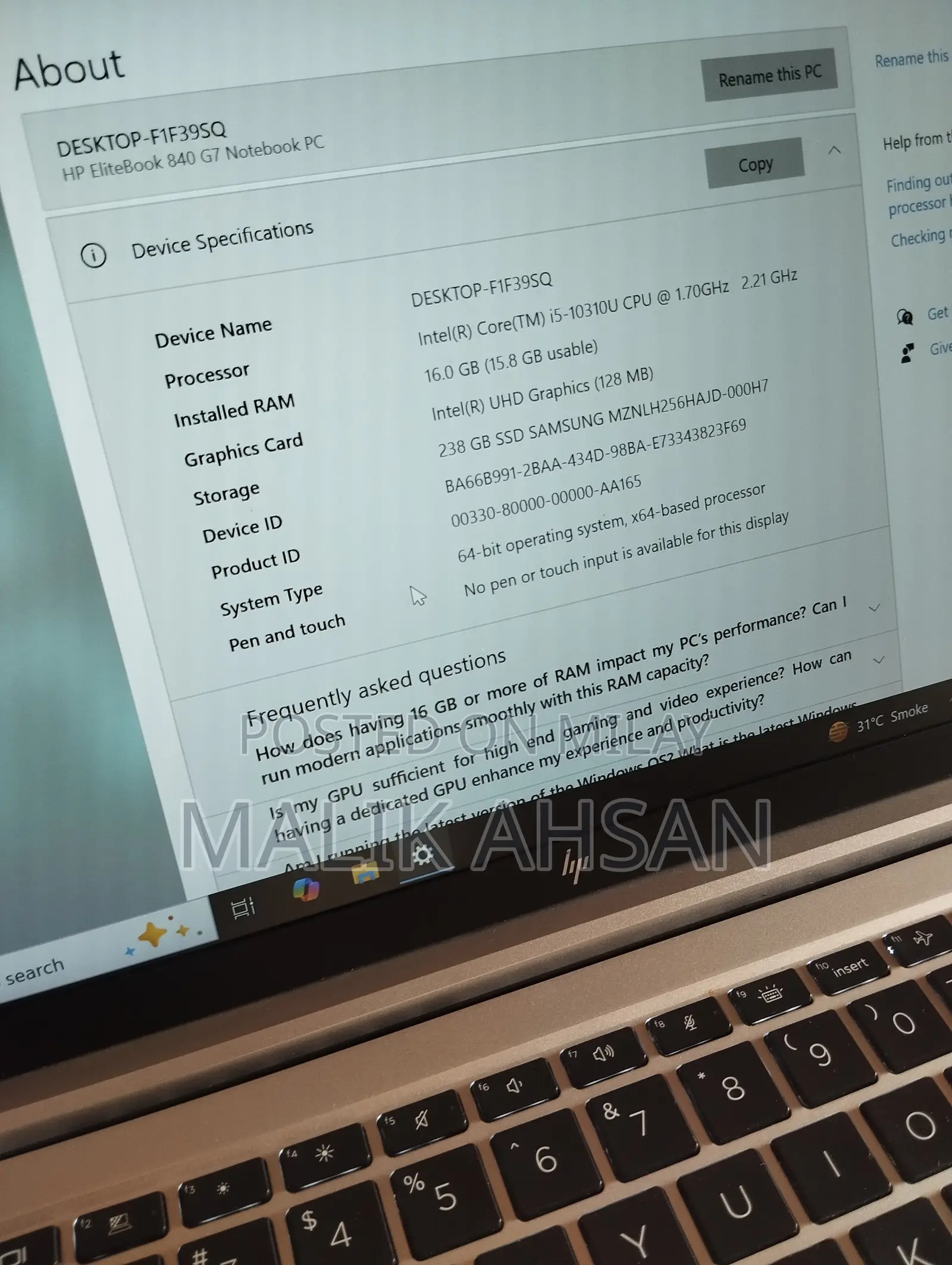 Laptop HP EliteBook 840 G7 16GB Intel Core I5 SSD 250GB