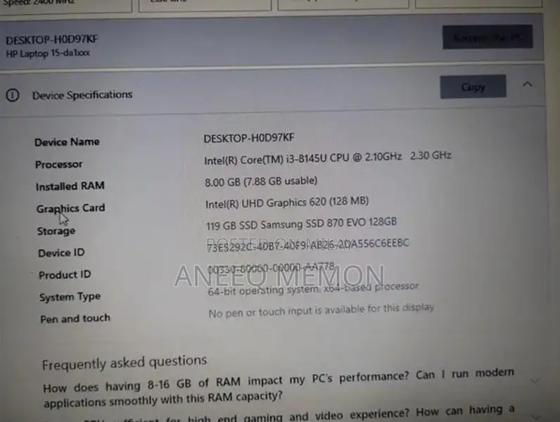 HP 15-da1xxx Laptop - Core i3, 8GB RAM, 128GB SSD