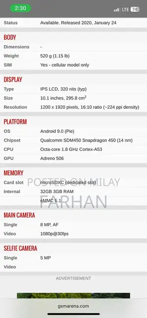 Photo - Lenovo Tablet TB-X505X - Used Portable Device