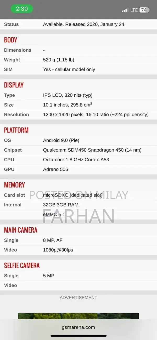 Lenovo Tablet TB-X505X - Used Portable Device