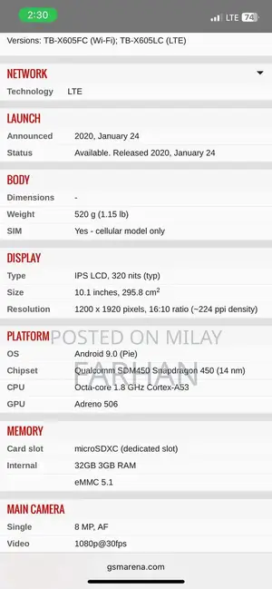 Lenovo Tablet TB-X505X - Used Portable Device