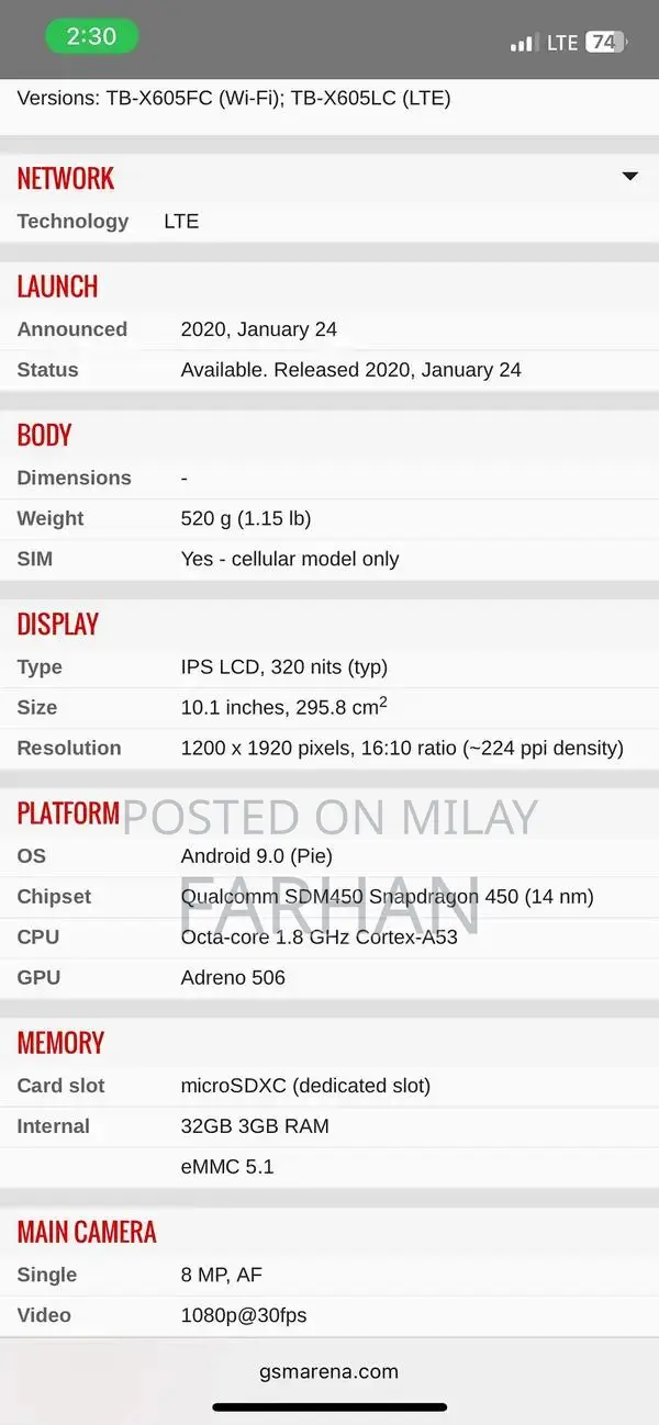 Lenovo Tablet TB-X505X - Used Portable Device