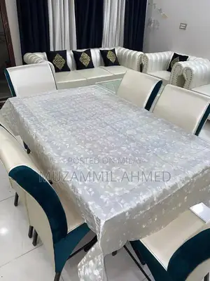 Photo - Glass Top Dining Table with 6 Off-White and Seagreen Chairs