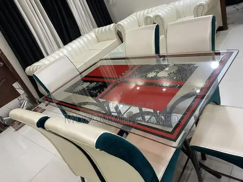Glass Top Dining Table with 6 Off-White and Seagreen Chairs