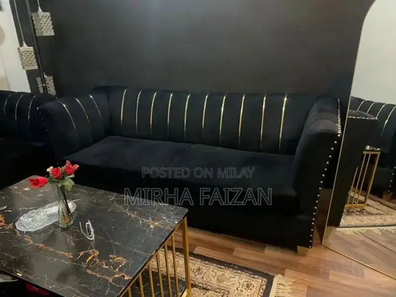 Black Velvet 7-Seater Living Room Sofa with Acrylic Accents
