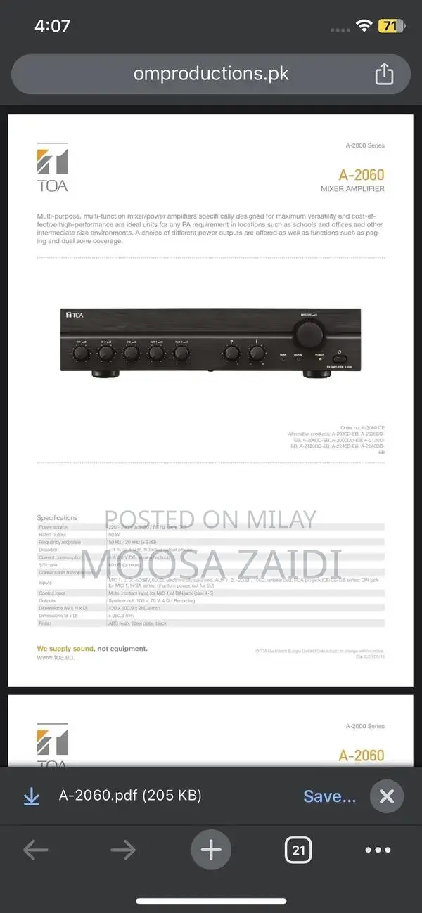 TOA A-2060 Professional Audio Amplifier