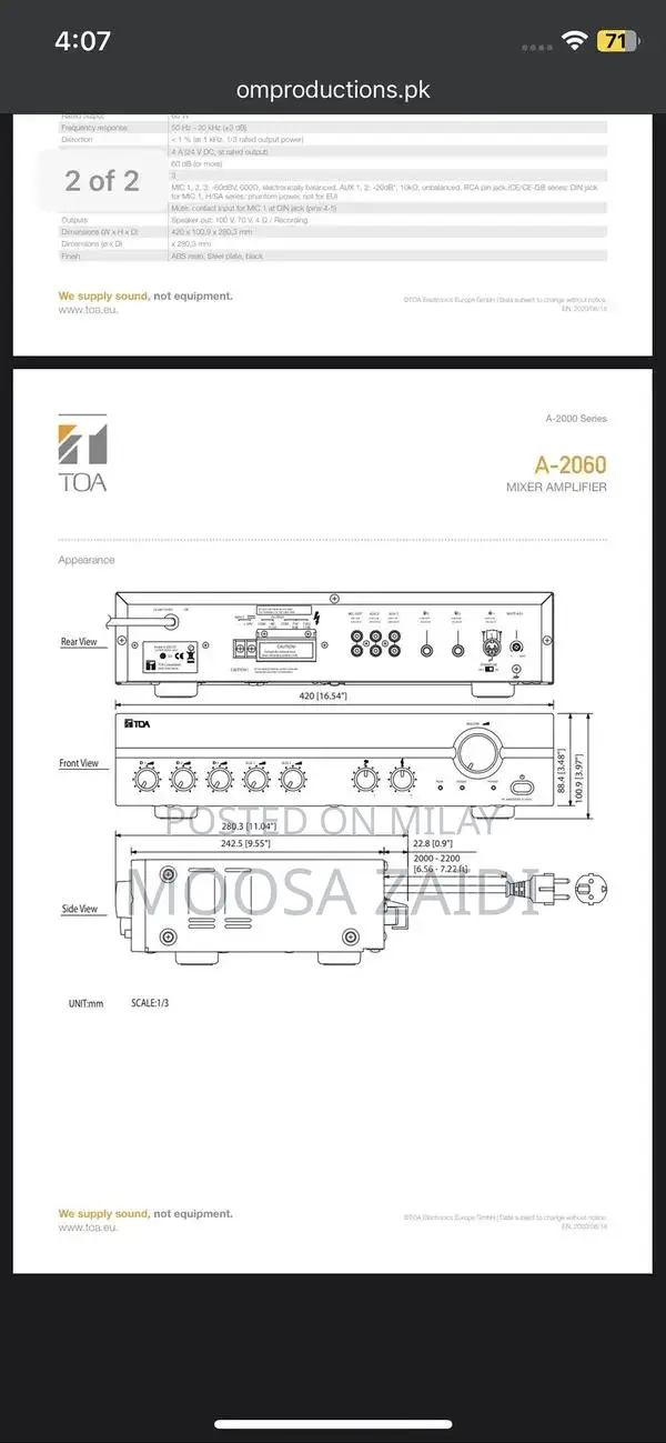 TOA A-2060 Professional Audio Amplifier