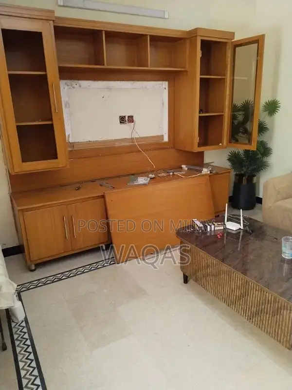 Wooden Media Wall Display Unit with Open and Fitted Sections