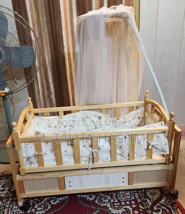 Wooden Baby Cot with Mosquito Net and Storage Drawer