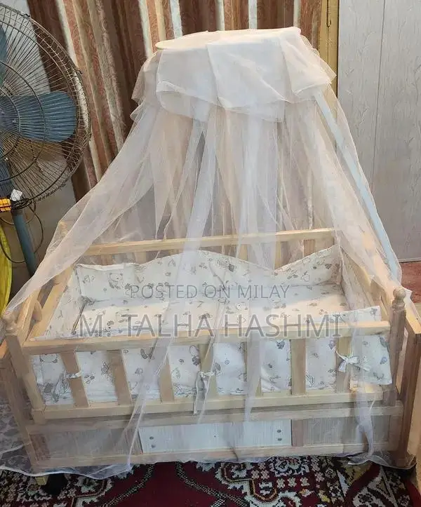 Wooden Baby Cot with Mosquito Net and Storage Drawer