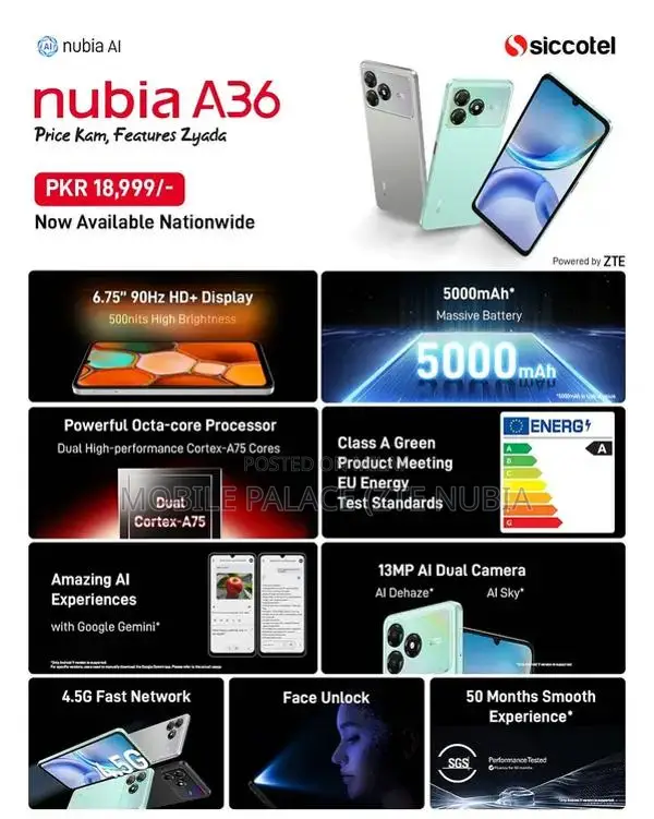 Nubia A36 Smartphone - Android 15 Dual Camera 6.75" Display