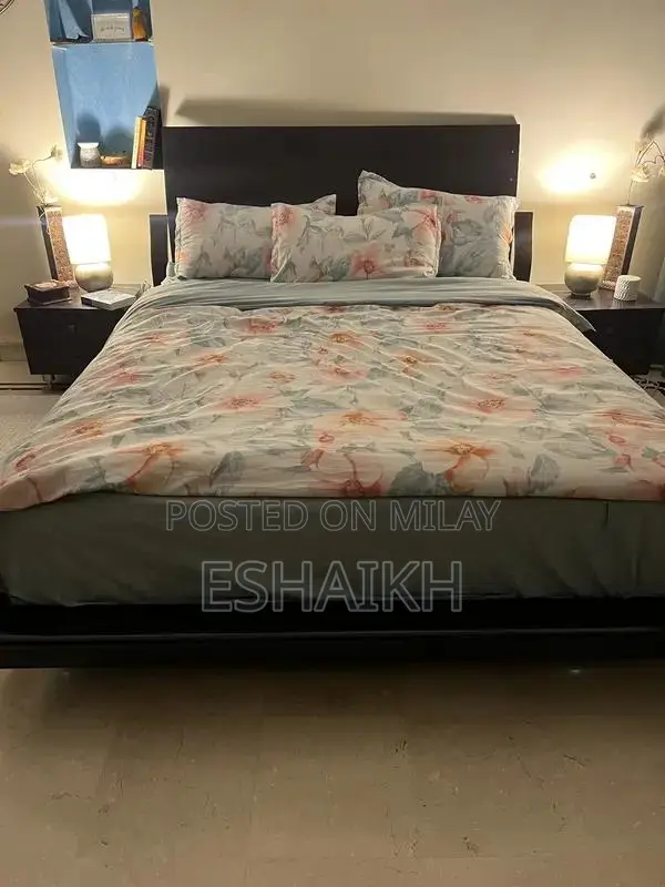 Modern Dark Wood Queen Bed Set with Silver Accents