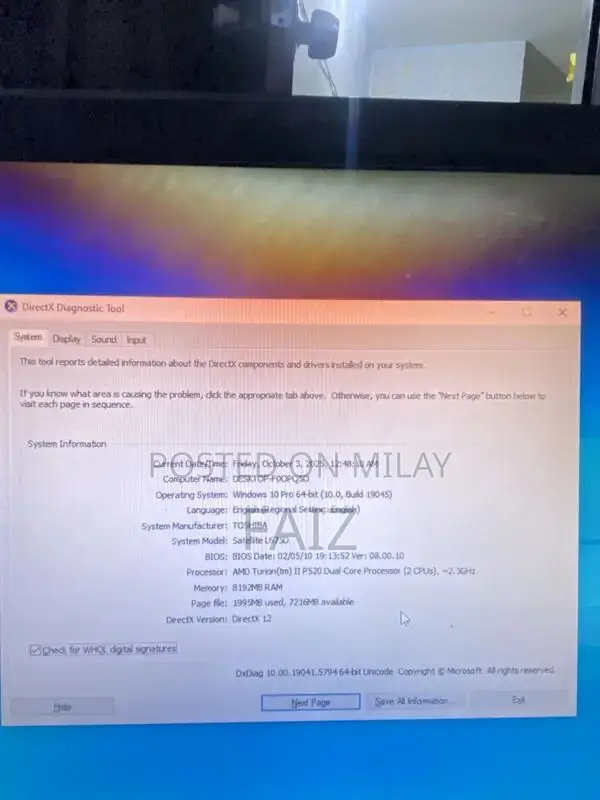 Toshiba Laptop with Windows 10 - 8GB RAM, 320GB HDD