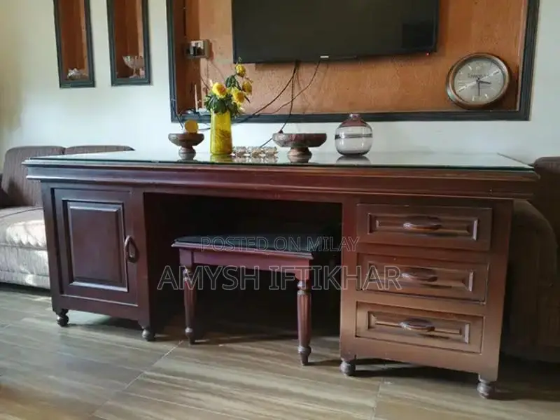 Solid Turkish Wood Executive Office Table with Glass Top