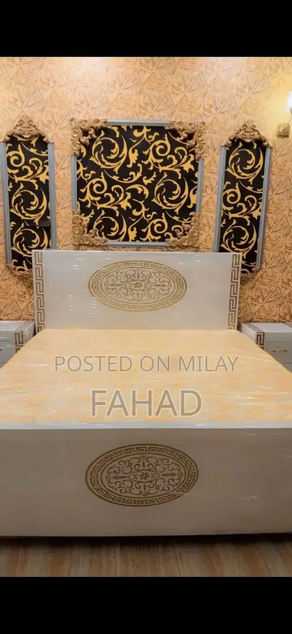 King Size Wooden Bed with Side Tables and Matching Curtain