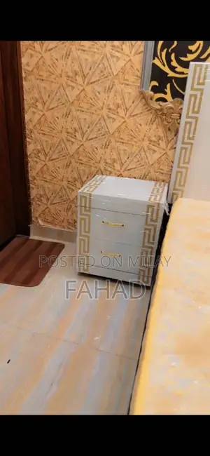 King Size Wooden Bed with Side Tables and Matching Curtain