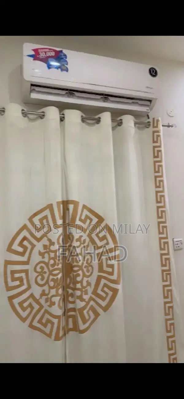 King Size Wooden Bed with Side Tables and Matching Curtain