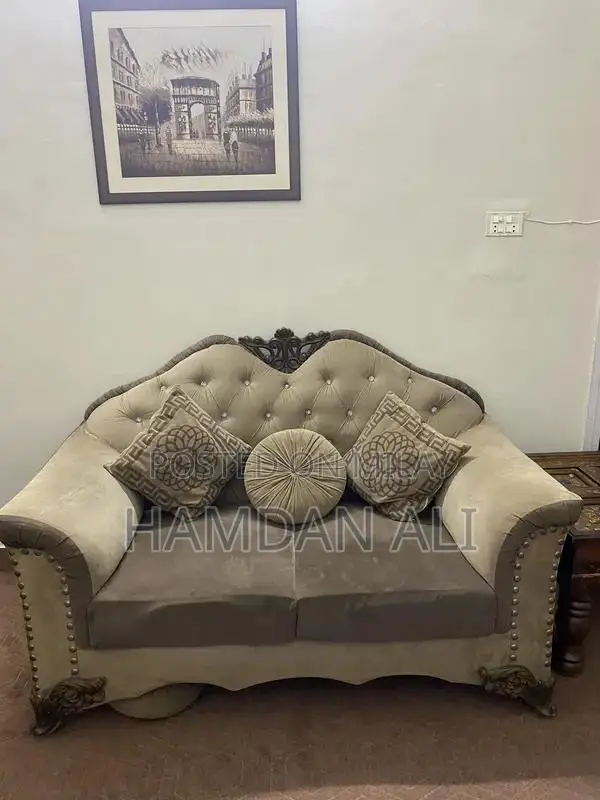 Elegant Velvet Sofa with Carved Wood Frame and Shiny Buttons