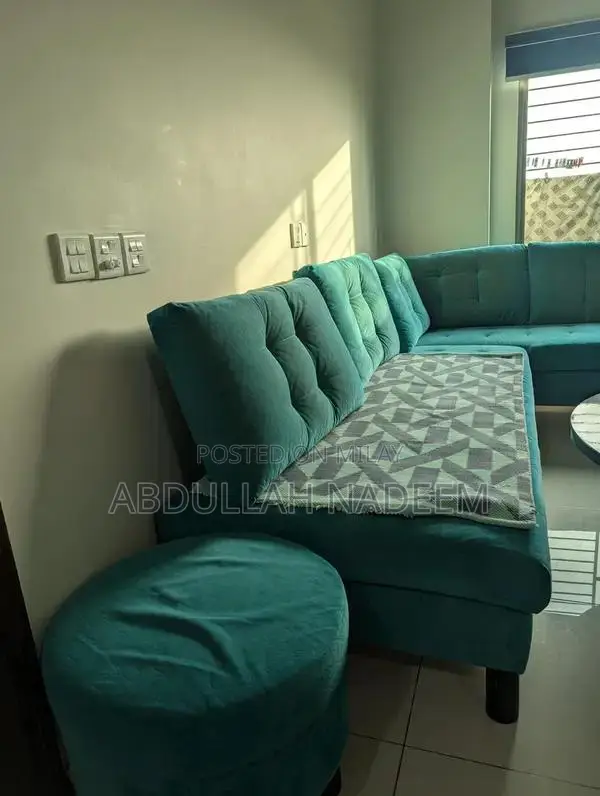 Large Turquoise L-Shaped 7 Seater Living Room Sofa Set with Stool