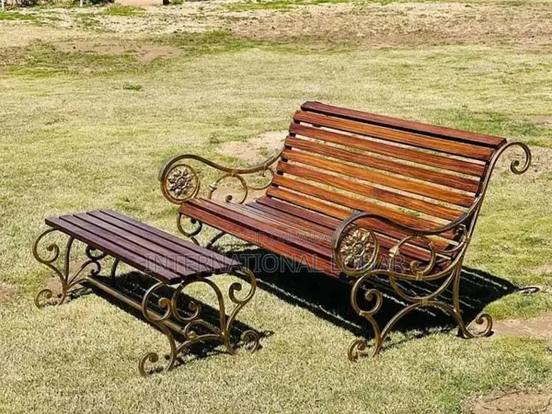 Outdoor Wooden Garden Benches with Cast Wrought Iron Frame
