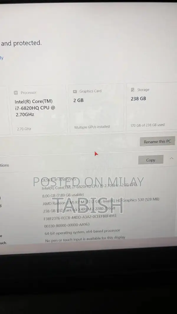 HP Laptop i7-6820HQ 8GB RAM 256GB SSD AMD R7 Graphics