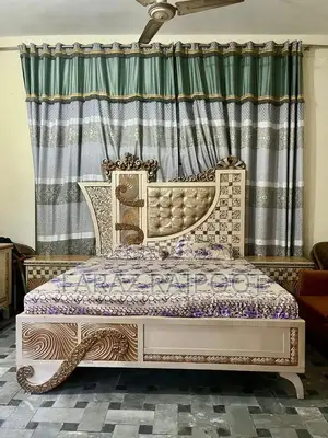 Photo - Luxury Wooden Bed with Mattress and Glass-Top Side Table