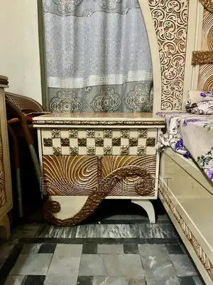 Luxury Wooden Bed with Mattress and Glass-Top Side Table