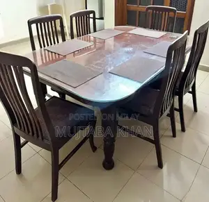 Wooden 6-Seat Dining Set with Dark Finish and Glass Top