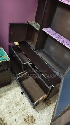 Elegant Wooden Dressing Table with Mirror and Multiple Storage Shelves