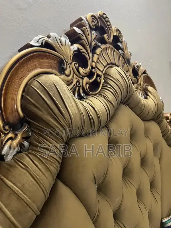 Luxury King Size Bed with Carved Wooden Headboard and Side Tables