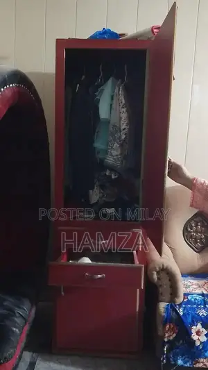 Single Wooden Almari with Cloth Stand and Multiple Shelves