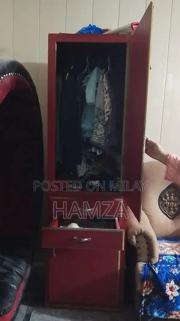 Single Wooden Almari with Cloth Stand and Multiple Shelves