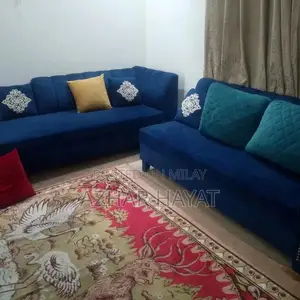 Photo - Royal Blue Fabric 6-Seater Sofa Set with Wooden Frame
