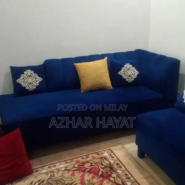 Royal Blue Fabric 6-Seater Sofa Set with Wooden Frame