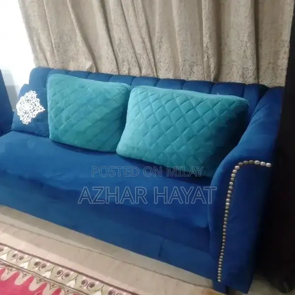 Royal Blue Fabric 6-Seater Sofa Set with Wooden Frame
