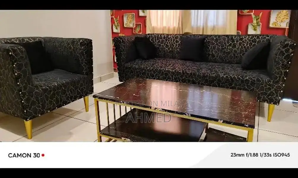 5-Seater Sofa Set with Turkish Fabric and Black Velvet Cushions