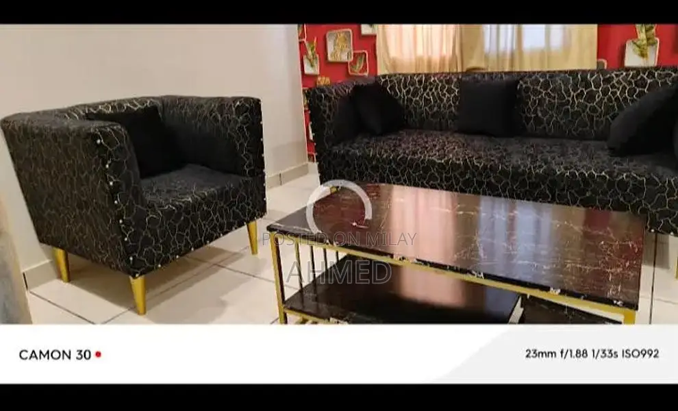 5-Seater Sofa Set with Turkish Fabric and Black Velvet Cushions