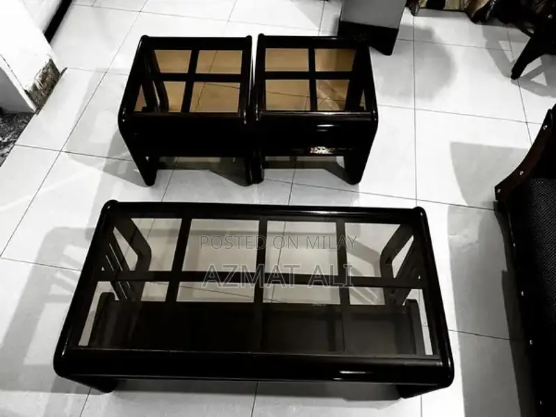 L shape sofa, 4 piece chair set, three piece table set and standing m