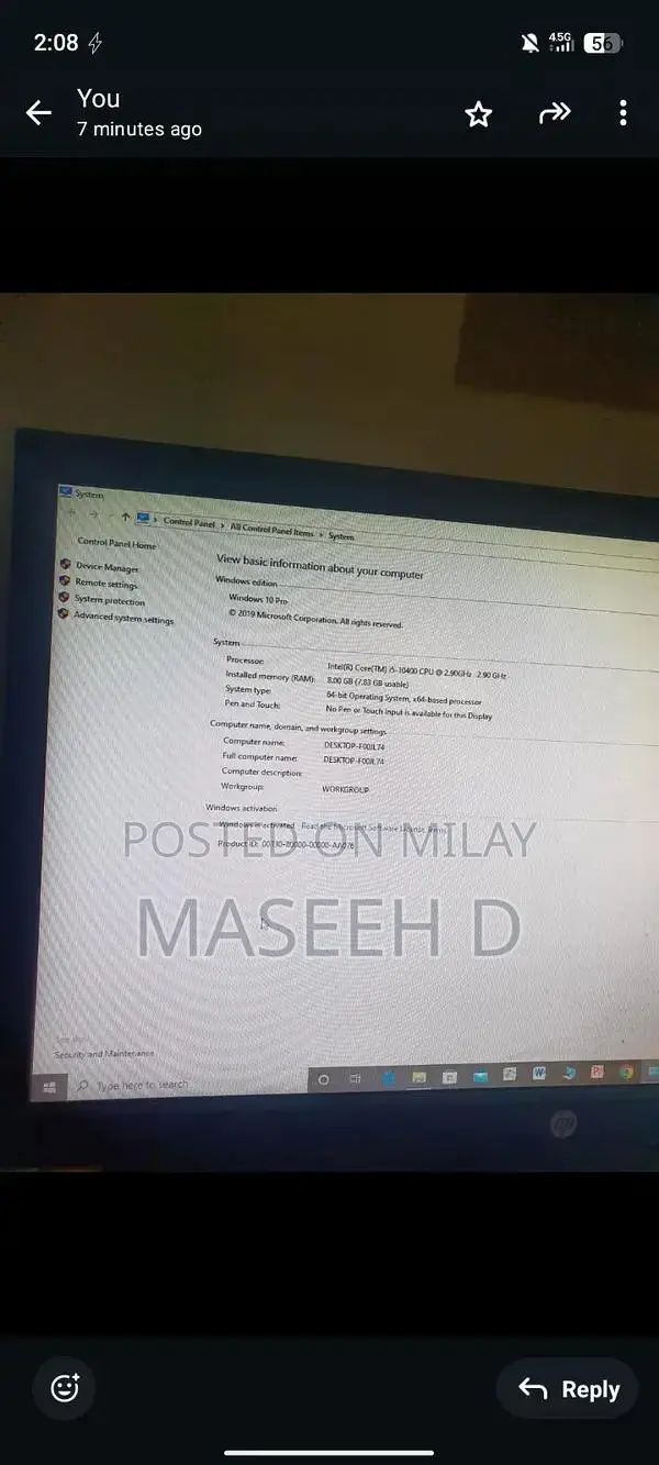 HP 280 Pro micro tower core i5 10th Gen 10400 CPU 2.90GHZ 8gb ram 1 TB