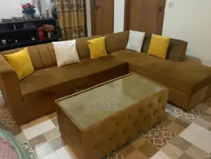 Modern L-Shaped Sofa Set with Polished Side Table