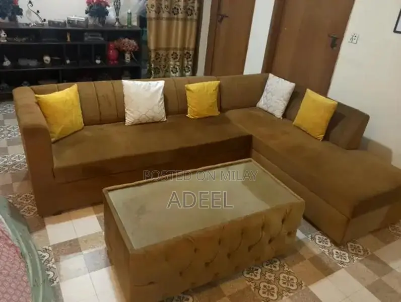 Modern L-Shaped Sofa Set with Polished Side Table