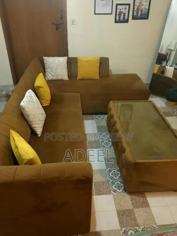 Modern L-Shaped Sofa Set with Polished Side Table