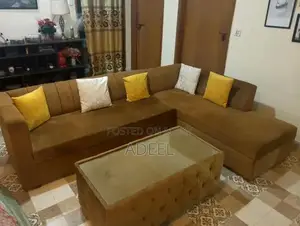 Modern L-Shaped Sofa Set with Polished Side Table