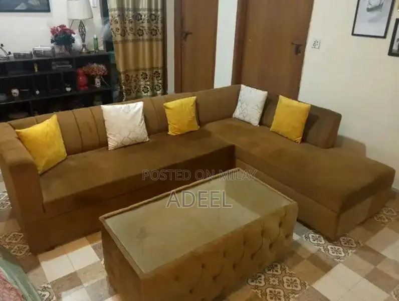 Modern L-Shaped Sofa Set with Polished Side Table