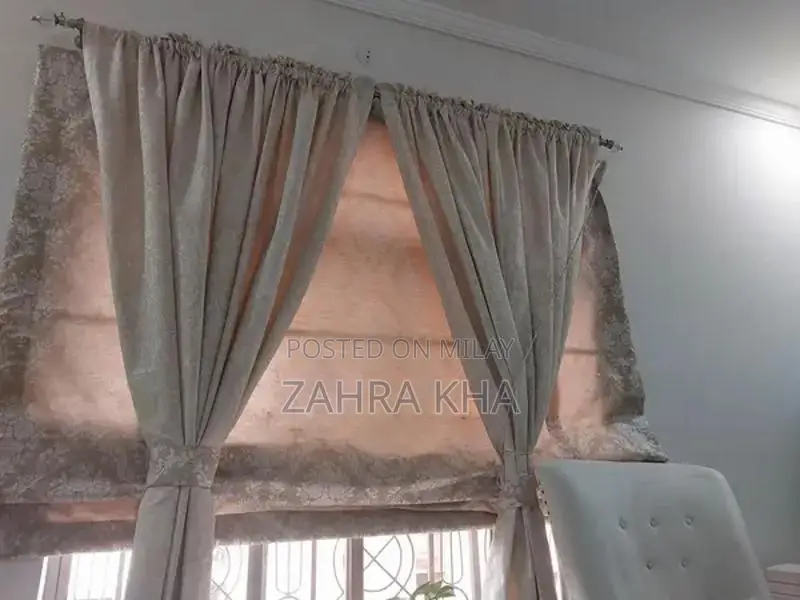 Beige Floral Curtain and Roman Blind Set - Standard Window Size