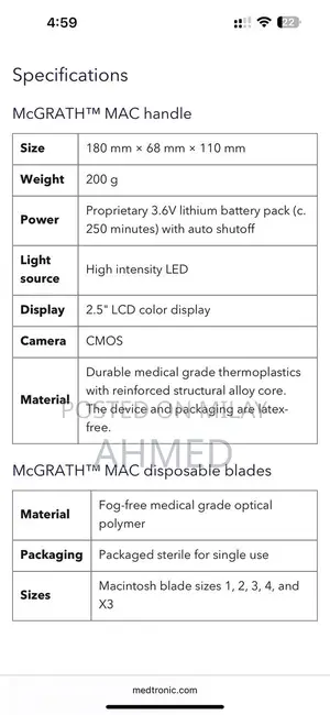 McGrath Video Laryngoscope Medical Imaging Device with Disposable Blad