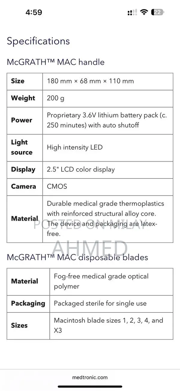 McGrath Video Laryngoscope Medical Imaging Device with Disposable Blad