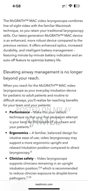 McGrath Video Laryngoscope Medical Imaging Device with Disposable Blad