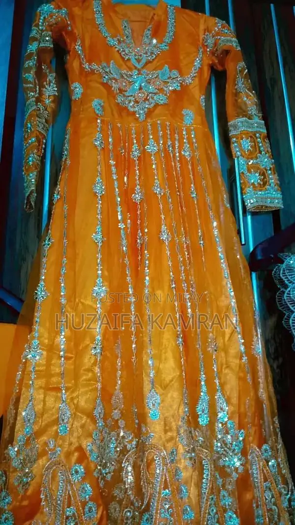 Orange Embroidered Maxi Dress with Detailed Measurements