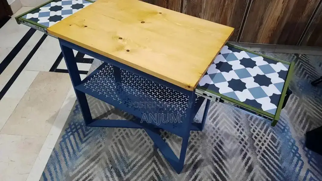 Modern Coffee Table with Tile Floor and CNC Iron Tray Design